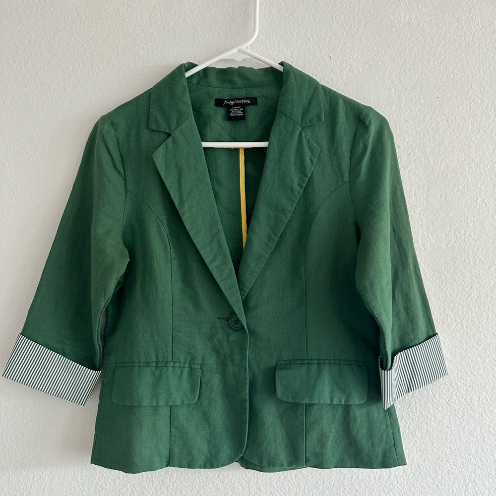 #0028# Frugal Exchange Blazer in Green Chico style  Size S Linen & Cotton